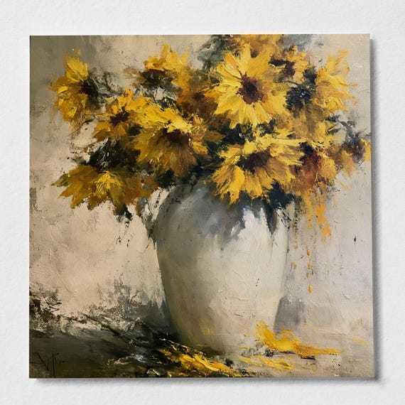 Sunflowers Impressionist Yellow Art Living Room Wall Art | Warm Tones Vintage Print
