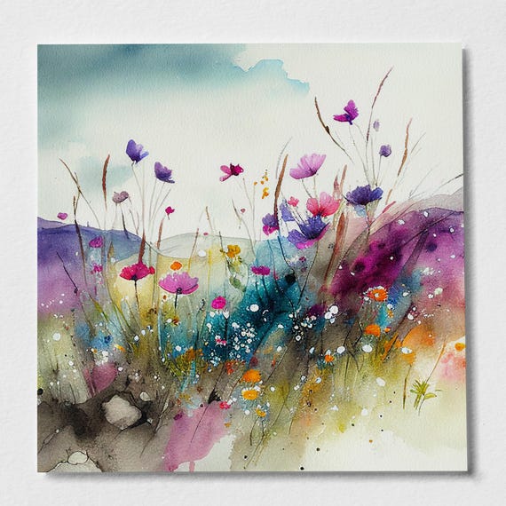 Abstract Lanscape Wildflower Meadow Painting Colourful Botanical Art Prints Wild flower Art Colourful Wall Art