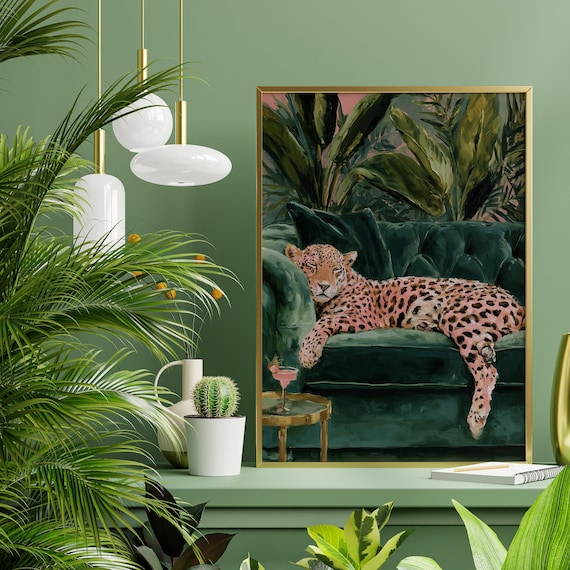 Pink Cheetah on Sofa with Cocktail Quirky Modern Painting Green Living Room Wall Art | Unique Home Decor
