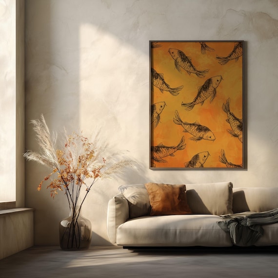 Koi Orange Serene Abstract Japanese Fish Living Room Wall Art Zen Home Decor