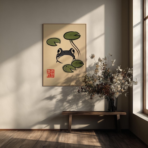 Japanese Frog Block Print Modern Decor | Japandi Black Green Bedroom Wall Art Ukiyo-e