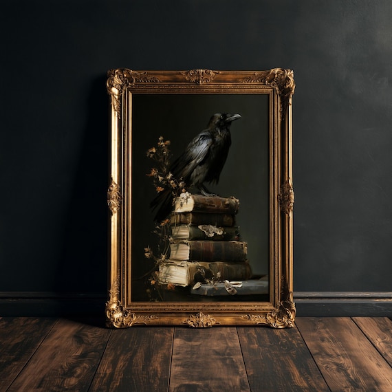 Raven and Dried Flowers Print, Dark Academia Wall Art, Moody Gothic Still Life, Vintage Books Painting, Library Study Decor