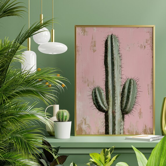 Pink Cactus  Abstract Flora Modern Wall Art | Western Cowboy Living Room Decor