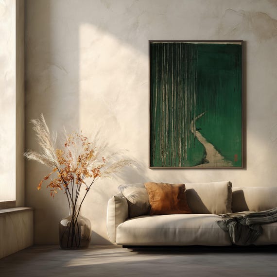 Japanese Bamboo Forest Traditional Block Print Green Tones Living Room Ukiyoe Inspired Wall Art | Zen Home Decor