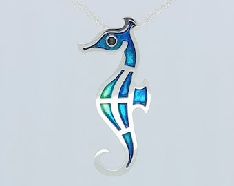 Sterling Silver 925 Seahorse Pendant , Patina Blue Green Enamel and Onyx.