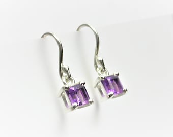 Sterling Silver 925 and Square Amethyst Drop Earrings