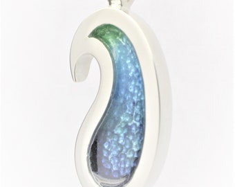 Sterling Silver 925  and Patina Blue and Green  Enamel Scottish Paisley Pattern Pendant