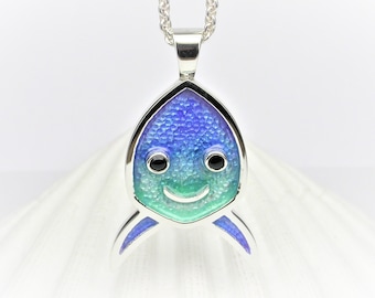 Sterling Silver 925 Patina blue and green, Enamel and Onyx  Happy Fish Pendant