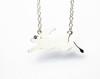 Sterling Silver 925 Running Hare Pendant with Sapphire Eye