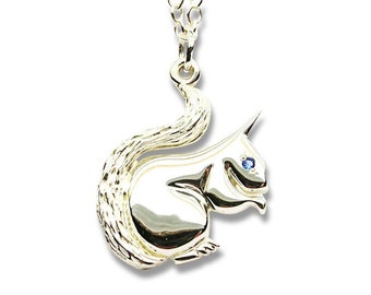 Sterling Silver 925  Squirrel Pendant  with Sapphire Eye