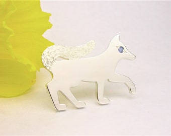 Sterling Silver 925 and Sapphire Fox Brooch