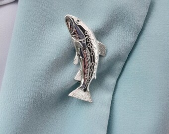 Sterling Silver 925 and Blue Topaz Leaping Trout Brooch