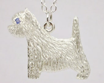 Sterling Silver 925  Westie Pendant with Sapphire Eye