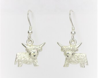 Sterling Silver 925  Highland Cow Drop Earrings