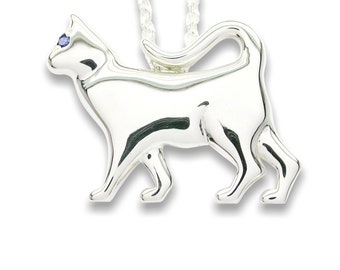 Sterling Silver 925  Strolling Cat Pendant  with Sapphire Eye.