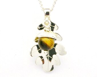 Sterling Silver 925 and Tigers Eye Oak Leaf Pendant