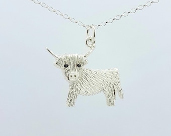 Sterling Silver 925  Scottish Highland Cow Pendant, with Onyx Eyes.