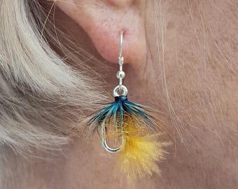 Sterling Silver Angling Hook Earrings: Copper Olive Mayfly Design