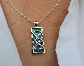 Sterling Silver 925 and Patina blue and green Enamel Celtic Knot Pendant