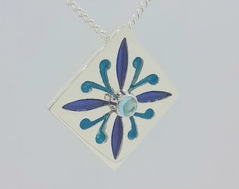 Sterling Silver 925, BlueTopaz and Patina blue Enamel, Square Pendant