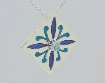 Sterling Silver 925, BlueTopaz and Enamel, Square Pendant