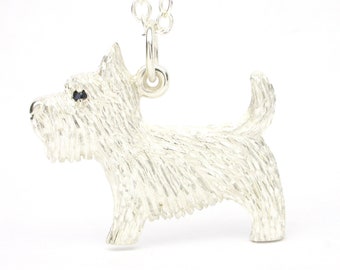 Sterling Silver 925 Scottish  Scottie Dog Pendant with Sapphire Eye and Shaggy Coat