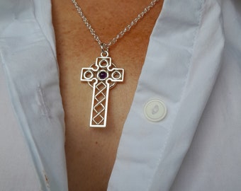 Sterling Silver 925  pierced filigree Celtic Cross Pendant, set with Amethyst.