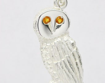 Sterling Silver 925  Owl Pendant with Citrine Eyes