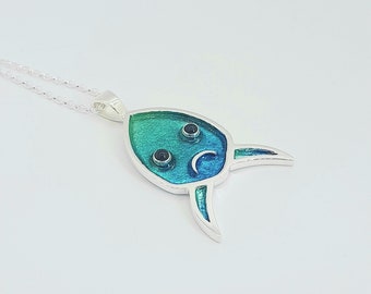 Sterling Silver 925 and Patina blue Green Enamel Sad Fish Pendant