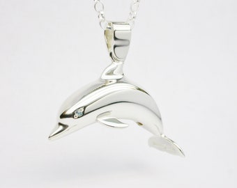 Sterling Silver 925  Dolphin Pendant  3D  with Blue Topaz Eyes