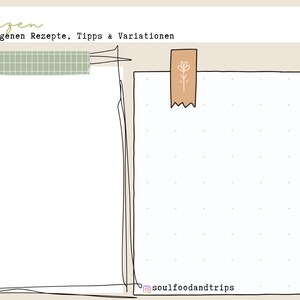 May include: A beige digital planner page with two white rectangular note areas. The top left corner has the word "Notizen" and the text "Deine eigenen Rezepte, Tipps & Variationen". The notes are held by washi tape. The Instagram handle @soulfoodandtrips is at the bottom.