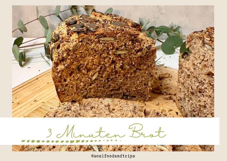 May include: A loaf of freshly baked bread, sliced and ready to serve. The bread is a rich brown colour, topped with seeds, and has a rustic texture. The text "3 Minuten Brot" is visible.