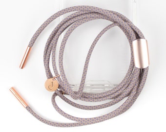 Cadena para móvil con funda transparente para iPhone Samsung y cordón OVER THE TAUPE con oro rosa, hecha a mano por eilenna