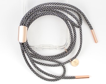 Cadena para móvil y funda para iPhone Samsung con cordón SAL Y PIMIENTA con oro rosa, hecha a mano por eilenna