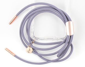 eilenna mobile phone chain for hanging around the neck with a transparent case and cord in pastel purple rose gold, LUNA