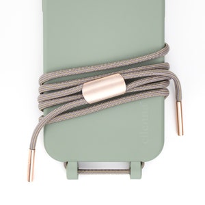 eilenna modular mobile phone chain and protective cover in SAGE with BOHEMIAN cord Roségold