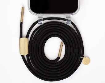 Catena modulare per telefono e custodia incolore per iPhone in colore CLEAR trasparente con cordino BLACK BEAUTY, realizzata a mano da eilenna