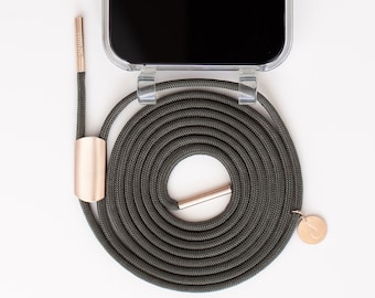 Catena per telefono modulare con custodia incolore in trasparente CLEAR per iPhone con cordino color oro rosa MUD, realizzata a mano da eilenna