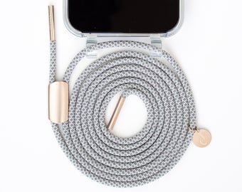 Catena per telefono con custodia trasparente per iPhone in CLEAR trasparente con cordino color oro rosa FOGGY, realizzata a mano da eilenna