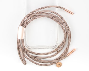 eilenna mobile phone chain for hanging around the neck with a transparent case and cord in brown cream rose gold, CHESS