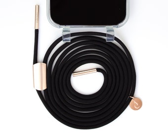 Catena per telefono staccabile e custodia trasparente per iPhone nel colore CLEAR trasparente con cordino BLACK BEAUTY, realizzata a mano da eilenna