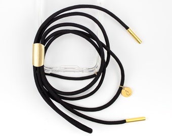 Cadena para móvil con funda transparente para iPhone Samsung Huawei y cordón negro BLACK BEAUTY con dorado, hecha a mano por eilenna
