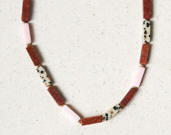 Gemstone necklace Sandstone & Dalmatian Jasper, natural stone necklace for women, rectangular beads 18K gold plated, handmade jewelry Eilenna