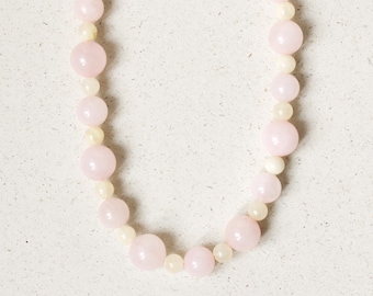Rose Quartz & Lemon Chalcedony Necklace, Natural Stone Pearl Necklace for Women, Pastel Jewelry, 18K Gold Clasp, Handmade Jewelry Eilenna