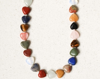 Heart Necklace Natural Stone Multicolored, Gemstone Beaded Necklace for Women, Rose Quartz, Tiger's Eye & Amethyst, 18K Gold Clasp, Handmade by eilenna