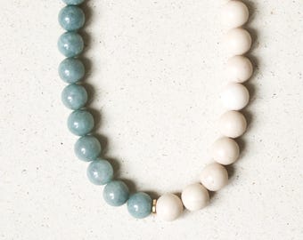 Gemstone necklace Burmese jade & fossil stone, natural stone necklace for women, duo design 18K gold clasp, handmade jewelry Eilenna