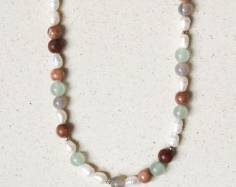 Colorful beaded necklace with jade and freshwater pearls, boho natural stone necklace for women, silver clasp, handmade by eilenna