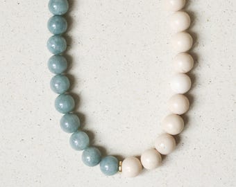 For Marianne: Jade necklace, half & half design, Burmese jade and fossil stone, 18K gold plated, handmade by eilenna
