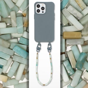 Chaîne courte pour téléphone portable et étui pour téléphone portable pour iPhone ou Samsung de couleur NOX avec de véritables perles en pierre naturelle d'amazonite, fait main par eilenna