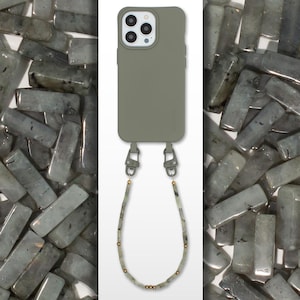 Chaîne courte pour téléphone portable avec étui pour iPhone ou Samsung de couleur PIN avec de véritables perles en pierre naturelle de labradorite, fait main par eilenna